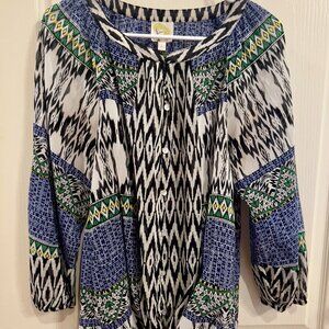 fig and flower Black, White, Blue and Green Printed Peasant Blouse